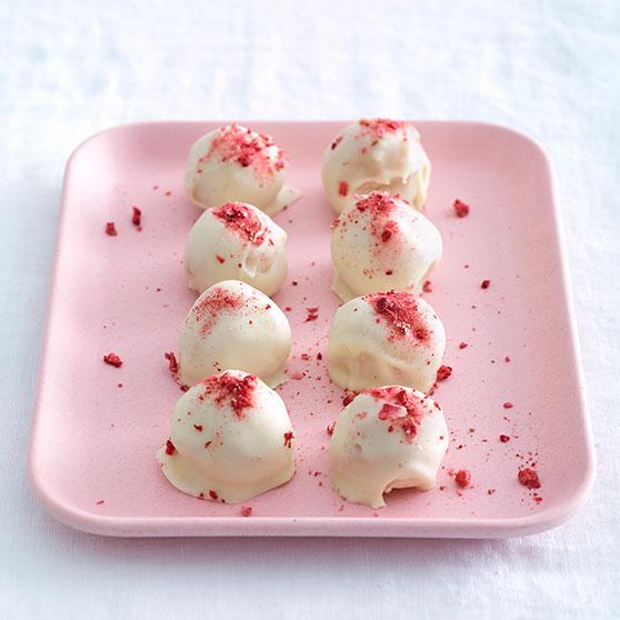 White chocolate truffles with strawberries and cardamom